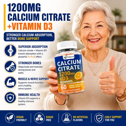 Miniatura 7 de (2 unidades) Citrato de calcio con gomitas de vitamina D3, suplemento de calcio de 1200 mg para mujeres y hombres, apoya la salud de los huesos