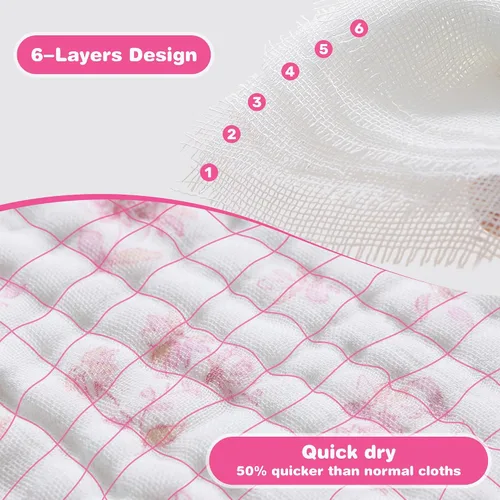 Miniatura 3 de Viviland Paños de muselina para bebé, paños superabsorbentes para bebé niña y niño, 10 x 20 pulgadas, toallas de baño de 6 capas para bebé, flores
