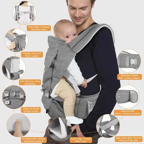 Miniatura 4 de Portabebés para recién nacidos a niños pequeños con asiento de cadera, suave 6 en 1 ergonómico para todas las posiciones, portabebés de 7-33 libras