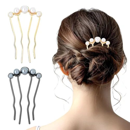 2 horquillas de pelo de perlas para moños, tenedor de metal en forma de U, estilo vintage francés, peines laterales para mujeres y niñas, accesorios