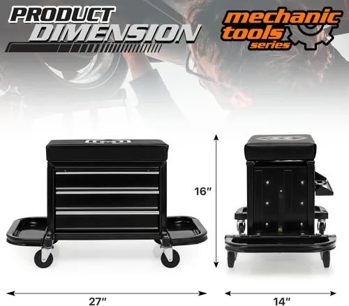 Miniatura 3 de M-AUTO Taburete Mecánico Rodante Taburete de Caja de Herramientas de Garaje Asiento de Cofre de Herramientas con Ruedas, Capacidad de 350 LBS