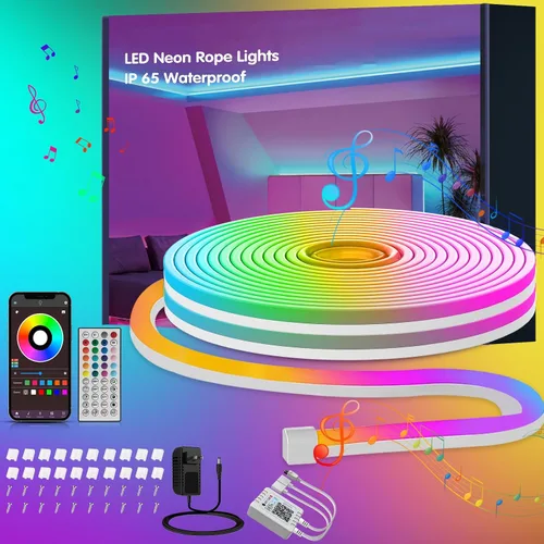 Ledagic Tira de luces LED de neón RGB de 32.8 pies con aplicación, control remoto, tira de luz de neón impermeable IP65 para interiores y