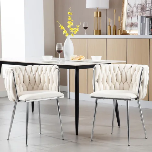 Miniatura 3 de Juego de 2 sillas de comedor de terciopelo, sillas de comedor tapizadas tejidas, sillones de ocio de lujo, sillas decorativas modernas con patas