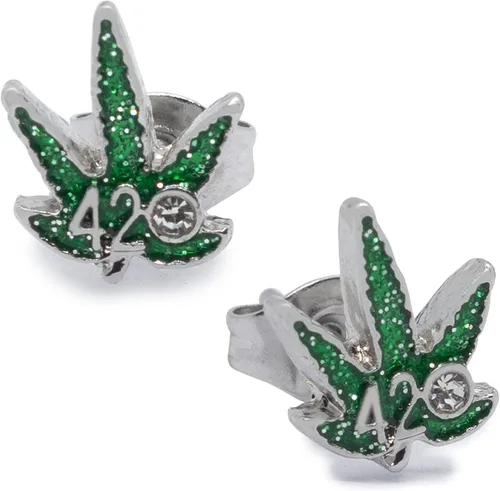 Pierce2GO Aretes tipo dormilona de acero inoxidable con símbolo 420, hoja de maceta verde, aretes de acero quirúrgico para mujeres y hombres, juego