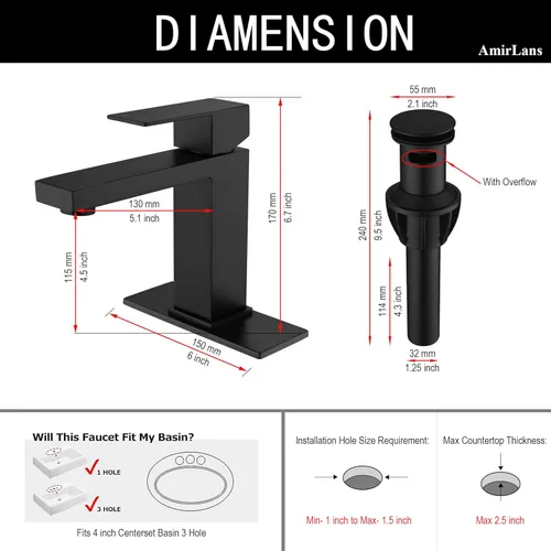 Miniatura 2 de Grifo negro para baño, grifo de baño negro mate de acero inoxidable con un solo orificio con drenaje emergente, grifo de una sola manija AML-1141-BK