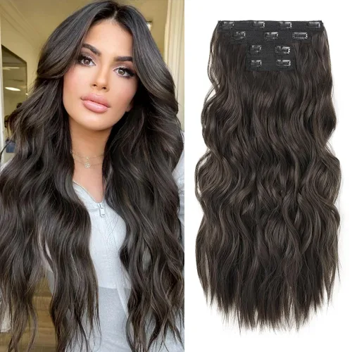 Miniatura 23 de REECHO Extensiones de cabello con pinza, 4 piezas de extensiones de cabello rubio de 24" de largo, ondas de playa gruesas, HE003, trama de encaje