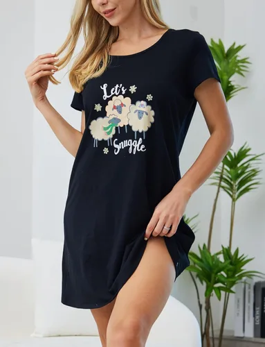 Miniatura 3 de PNAEONG - Camisón de algodón para mujer, de manga corta y con estampado, ropa de dormir informal