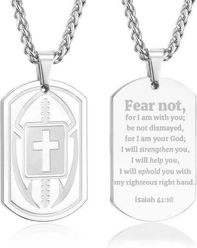 Miniatura 24 de Collar de cruz de versículo bíblico de fútbol para hombres, regalo religioso de acero inoxidable, joyería deportiva de fútbol, regalos de Pascua