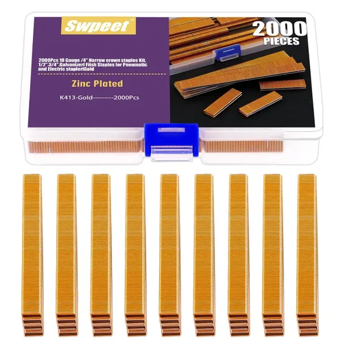 Swpeet 2001 grapas K413 de aproximadamente 1/4 pulgadas x 1/2 pulgada de calibre 18 de corona estrecha, grapas de acabado galvanizado para pistolas