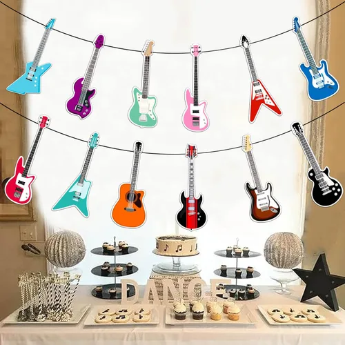Miniatura 3 de Cartel de feliz cumpleaños de guitarra, decoración geométrica multicolor para fiestas temáticas de música para niños y niñas, 5 x 78 pulgadas