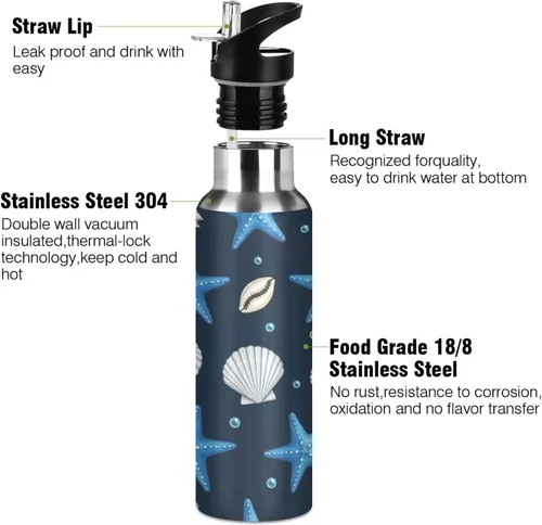 Miniatura 3 de Stainless Steel Water Bottle 20 Oz, Leakproof Water Bottles for Gym Outdoor Travel School, Blue Starfish