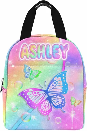 Miniatura 22 de InterestPrint Bolsa de almuerzo con nombre personalizado para hombres y mujeres, diseño de mariposa rosa y azul personalizada, caja de almuerzo