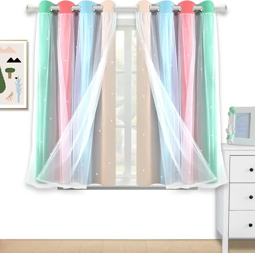 Cortinas opacas con recorte de estrellas y arcoíris para guardería/habitación de niños/niñas, con superposición de tul, 2 paneles, cada una de 52