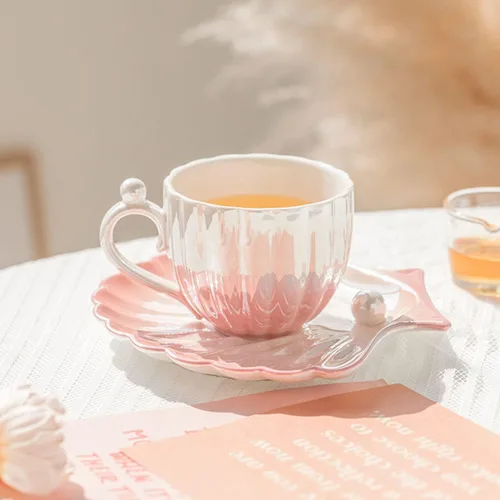 Miniatura 5 de Taza y platillo Pearl Shell – Taza de café de cerámica degradada de 8 onzas, té vintage, capuchino, arte con leche para regalo de cumpleaños