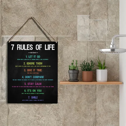 Miniatura 5 de Decoraciones inspiradoras de oficina para el trabajo, arte de pared, 7 reglas de la vida, letrero colgante de madera motivacional para dormitorio