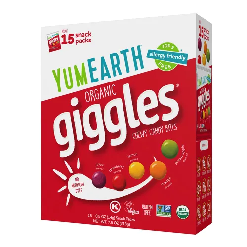 YumEarth Organic Giggles Caramelos Masticables – Apto para alérgicos, sin colorantes artificiales, sin OGM, sin gluten, sabor a fruta, snacks de