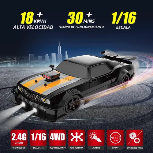 Miniatura 2 de Auto RC Drift de 2.4 GHz, escala 1:16, 4WD, de alta velocidad, con luces LED, dos baterías y neumáticos a la deriva, autos de juguete deportivos