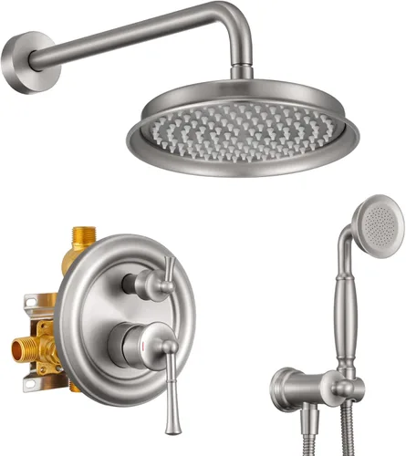 Miniatura 9 de Cabezal de ducha de lluvia con combo de mano, sistema de ducha dorado cepillado con válvula de presión de equilibrio, cabezal de ducha de 9 pulgadas