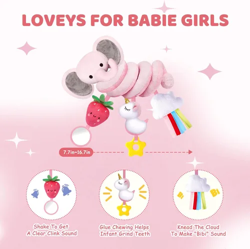 Miniatura 4 de Juguetes de asiento de coche en espiral para bebés niñas de 0 a 6 meses, lindo elefante rosa fresa, regalo perfecto para recién nacidos, artículos
