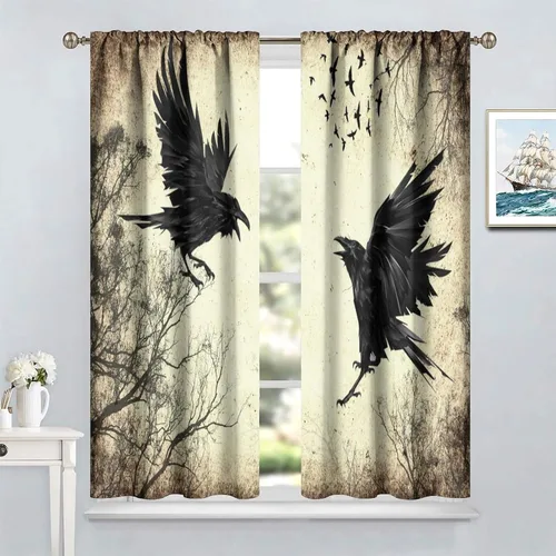 Miniatura 2 de Cortinas góticas de bosque de cuervos, para Halloween, espeluznante, negro, cuervo negro, alas oscuras, suspenso, con bolsillo para barra, cortinas