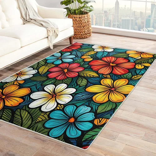 ZI&650 - Alfombra de área floral colorida, alfombra hippie retro de los años 70 para sala de estar, dormitorio, entrada, flores vintage, decoración