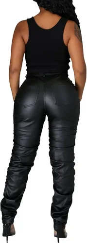 Miniatura 4 de hibshaby Sexy Club - Pantalones de piel sintética para mujer, cintura alta, fruncidos, apilados