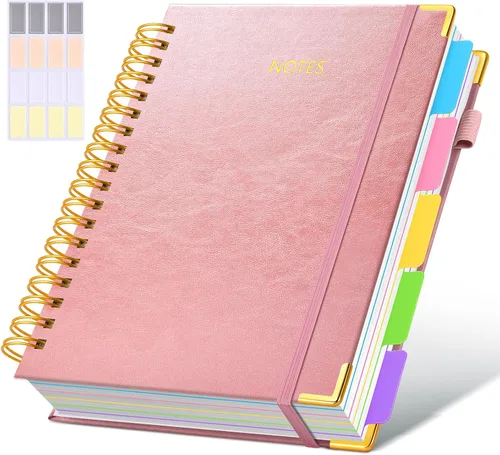 Miniatura 60 de Cuaderno universitario de espiral con tapa dura de cuero de 8 x 10 pulgadas, con pestañas separadoras extraíbles, para 5 materias, a rayas; diario