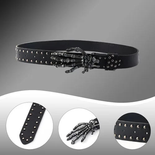 Miniatura 5 de Eigso Pulsera de cuero punk con calavera para mujer + cinturón de cuero de calavera para mujer