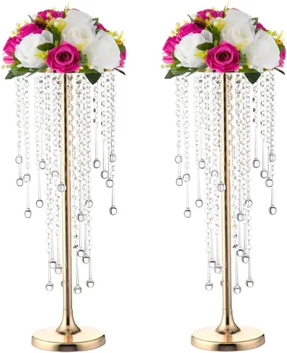 Centros de mesa de boda dorados de 21.6 pulgadas para mesa, 2 jarrones altos, centros de mesa de boda con cuentas de cristal brillantes, soporte de
