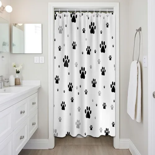 Cortina de ducha con estampado de patas, perro y gato, decoración divertida de baño para niños, tela impermeable con ganchos (36 pulgadas de ancho x