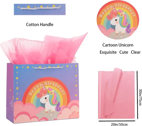 Miniatura 3 de jabberwpacking Bolsas de regalo grandes de 12.6 pulgadas con papel de seda para niñas, bolsa de regalo de cumpleaños de unicornio rosa