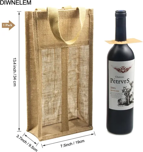 Miniatura 2 de 1 paquete de bolsas de regalo de vino de arpillera con dos ventanas, doble ventana, dos botellas, bolsa de yute de arpillera para botellas de vino