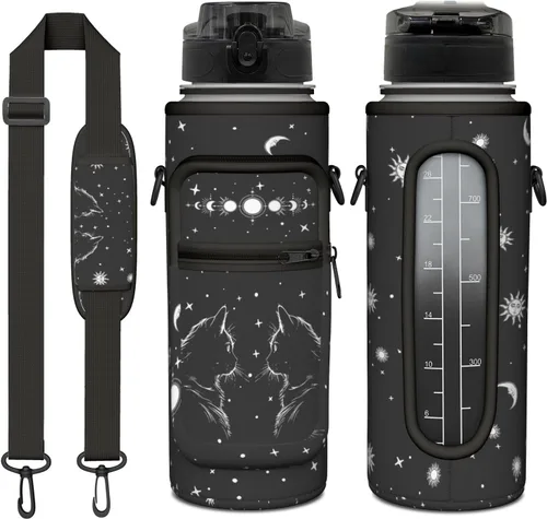Miniatura 34 de Goth Moon Botella de agua de medio galón con funda - Botella de agua con tapa abatible sin BPA de 32 onzas - con marcador de tiempo, jarra de agua a