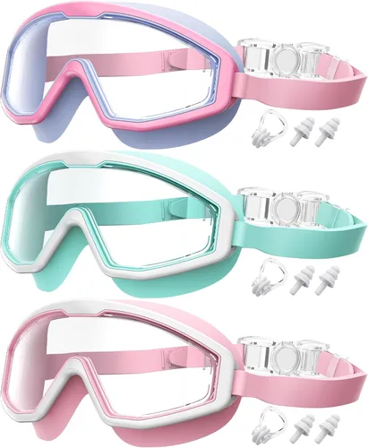 Gafas de natación para niños, gafas de natación para niños, 3 unidades de gafas de natación de agua para niños y niñas, antivaho UV400 Verde claro