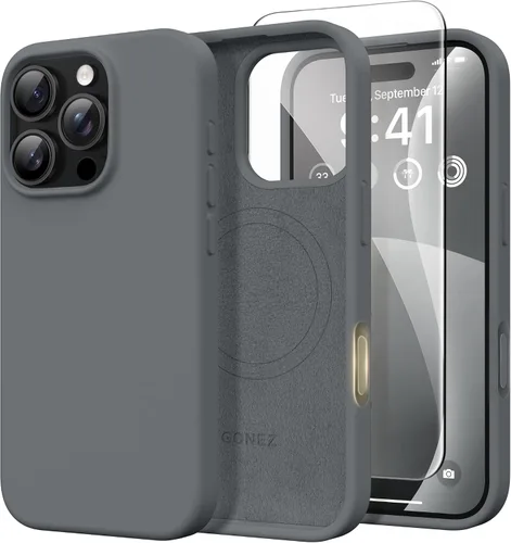 Miniatura 215 de GONEZ Funda de silicona para iPhone 14 Pro Max, compatible con MagSafe, con protector de pantalla + protector de lente de cámara, silicona líquida a