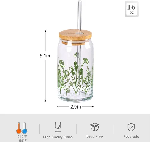 Miniatura 2 de SUNNOW Vasos de 16 onzas con diseño de flores silvestres con tapas y pajitas de bambú, tazas de café helado para cenas en casa, bar y fiesta, juego