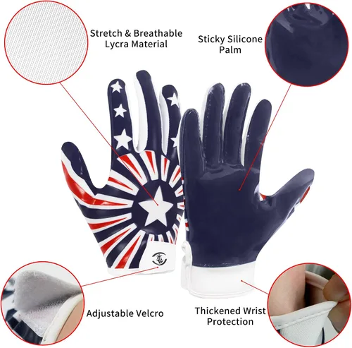 Miniatura 4 de Guantes de fútbol americano para niños, guantes receptores de fútbol americano juvenil, excelente agarre con silicona adhesiva, antideslizantes