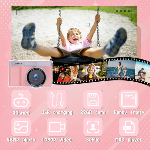 Miniatura 5 de Cámara para niños, cámara digital 1080P de 5MP para niños con pantalla abatible de 180° y tarjeta SD de 32 GB, cámara de juguete retro para niños