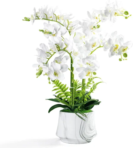 W&W Plantas y flores artificiales de orquídea con jarrón, orquídea de seda sintética falsa en maceta de cerámica, 24 pulgadas, color blanco