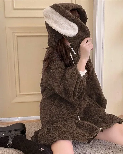 Miniatura 5 de BZB Sudaderas con capucha de conejo de anime Kawaii para mujer, suéter de conejo mullido y mullido para cosplay, abrigos