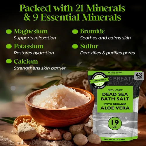 Miniatura 4 de Aromasong Sal del Mar Muerto con aloe vera orgánico, sales de baño de spa, paquete resellable fino a granel de 19 libras, 100% pura y natural