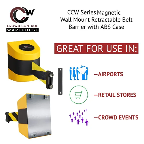 Miniatura 3 de Barrera retráctil de montaje magnético en pared de la serie CCW de Crowd Control Warehouse - WMB-220 - 15 pies, cinturón diagonal negro y naranja