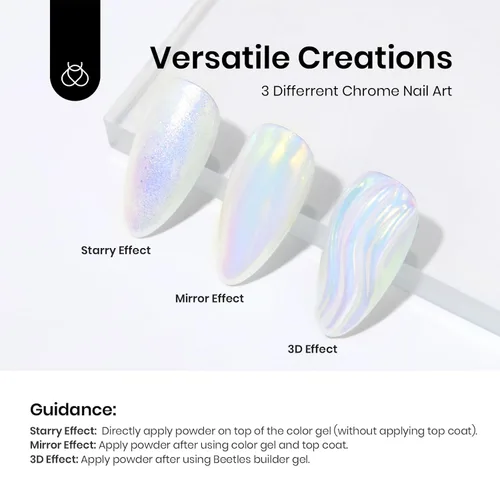 Miniatura 6 de Beetles - Polvo cromado para uñas, efecto espejo metálico, holográfico aurora, sirena perla, brillantina, polvo cromado para uñas de gel, manicura