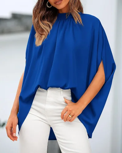 Miniatura 15 de BTFBM Blusas de verano para mujer, cuello alto falso, manga murciélago, holgadas, dobladillo alto y bajo, blusas informales de gran