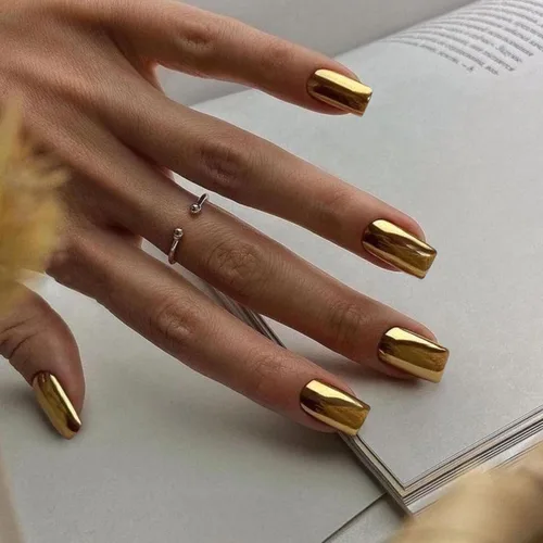 Miniatura 29 de Uñas Postizas Cuadradas de Cromo Púrpura Cortas Medianas para Presionar, KQueenest Uñas Acrílicas Falsas de Plateado Metálico Espejo para Presionar