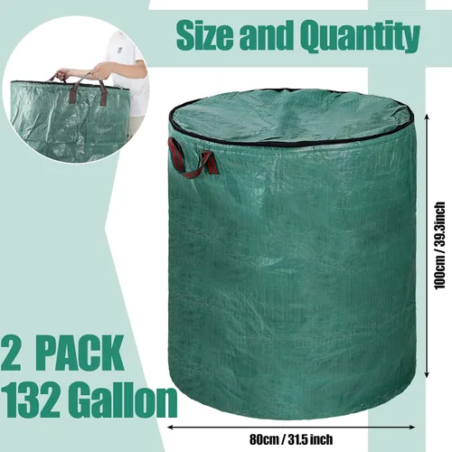 Miniatura 2 de Kingdder Paquete de 2 bolsas de basura reutilizables de 132 galones con tapa y asa plegables extra grandes para bolsas de césped, contenedores