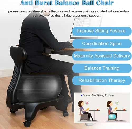 Miniatura 2 de Silla ergonómica de oficina, bola de yoga negra y kit de base, silla de bola de estabilidad de 21.6 pulgadas para sentarse prolongado/inquieto