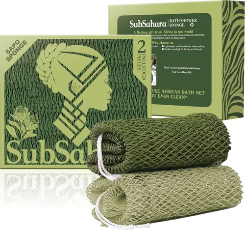 Miniatura 26 de SubSahara Auténtica esponja africana de red – 2 piezas exfoliante exfoliante para todo tipo de piel, esponja de baño para cara y cuerpo, portátil