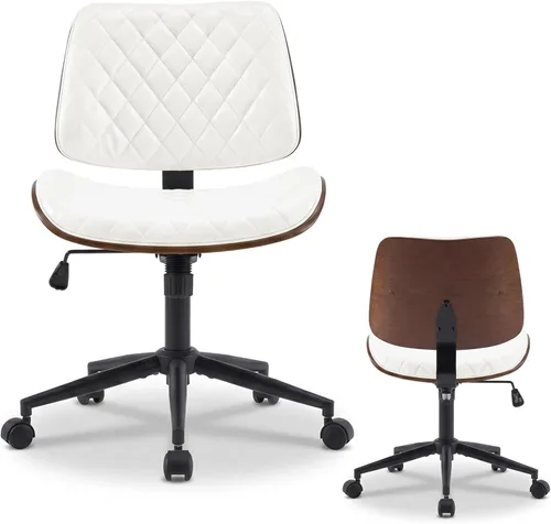 Miniatura 11 de Furnimart Silla de escritorio pequeña sin brazos con ruedas, silla giratoria de piel sintética de 360° para dormitorio, silla de trabajo compacta