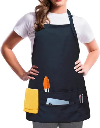Delantales para mujeres y hombres con 7 bolsillos, bolsillo con cremallera, cierre de hebilla, servidor, camarera, estilista, delantal corto Negro